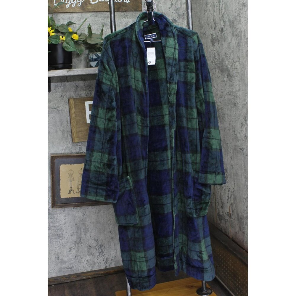 NEW Club Room Mens Plush Plaid Long Robe 10013203600 Blue / Green L/XL